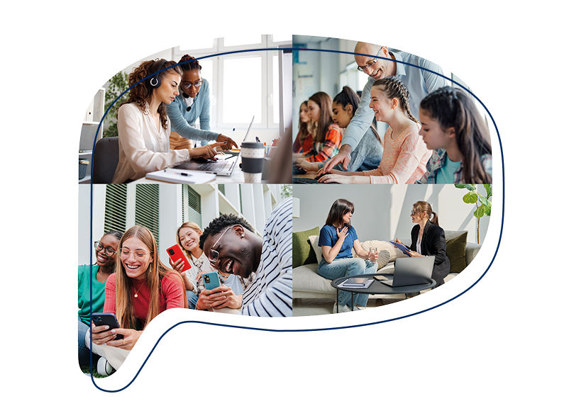 Collage mit jungen Menschen bei der Arbeit und im Gespräch